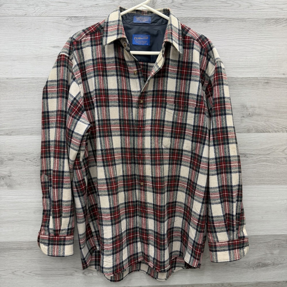Pendleton Wool Shirt Large Vintage Plaid Virgin Wool Portland Oregon Cream Plaid
